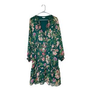 Maurices Womens V Neck Long Sleeve Floral A Line Skater Dress Pleated Green 3X